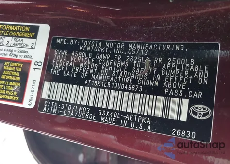 2013 Toyota Avalon Limited z USA, uszkodzony, nr VIN 4T1BK1EB1DU049673